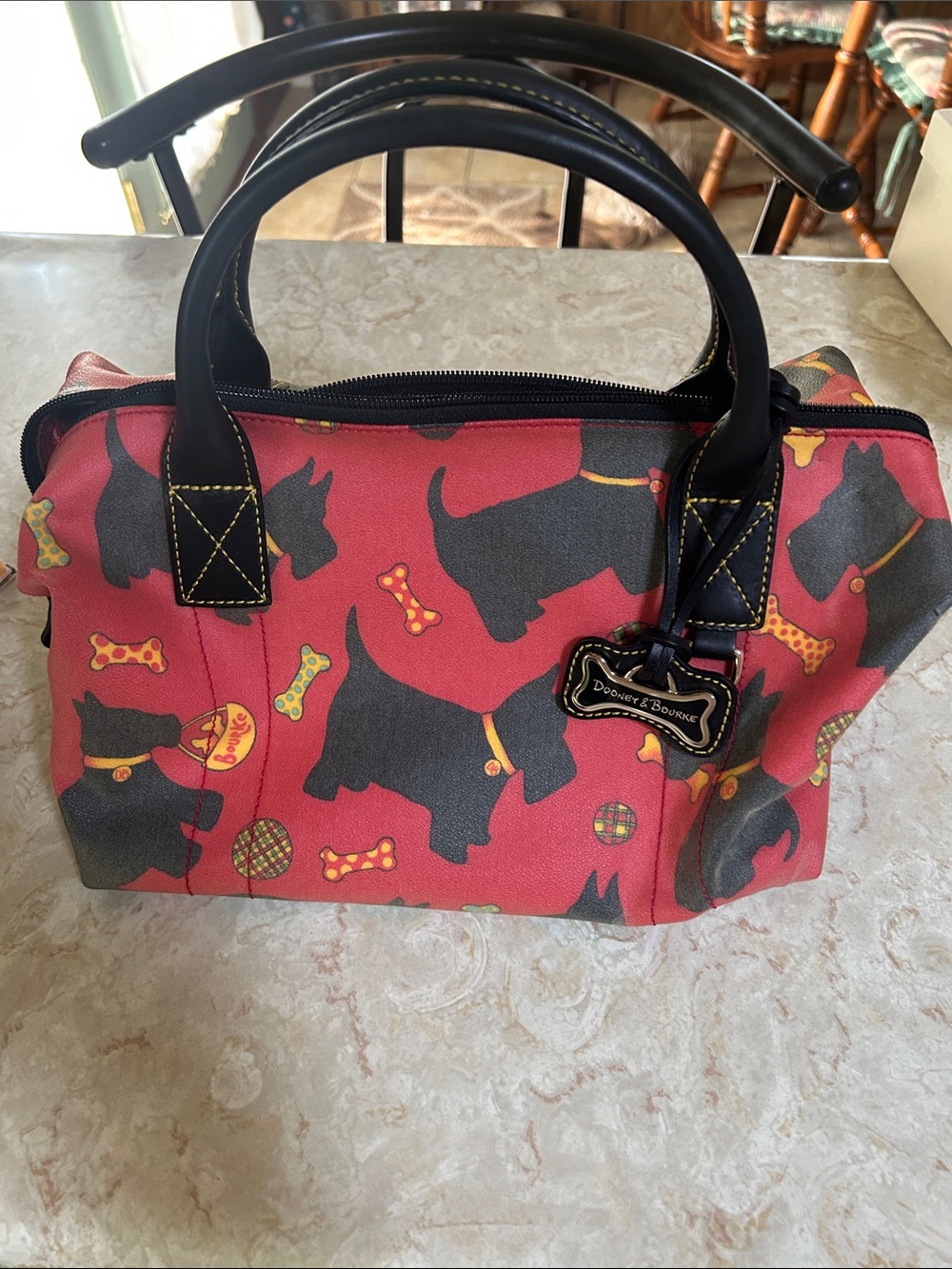Dooney & Bourke Red Satchel with Black Scottie Dog Print
